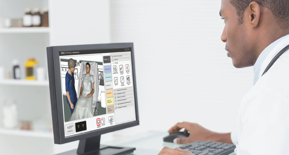 Nurse using vSim for Nursing on a desktop computer. The screen shows a 3D illustration of a nurse and a patient.